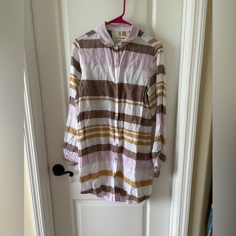 Rachel Zoe 100% Linen Striped Shirt Dress Medium Pink Brown White Button Front